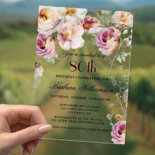 Elegant Pink Wildflower Floral 80th Birthday Party Acrylic Invitations