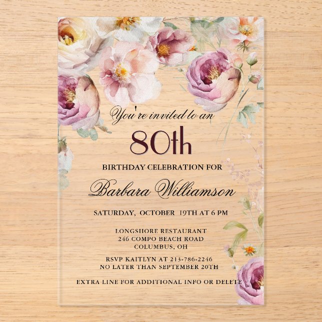 Elegant Pink Wildflower Floral 80th Birthday Party Acrylic Invitations (Front)