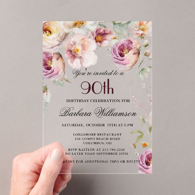 Elegant Pink Wildflower Floral 90th Birthday Party Acrylic Invitations (Insitu (Handheld))