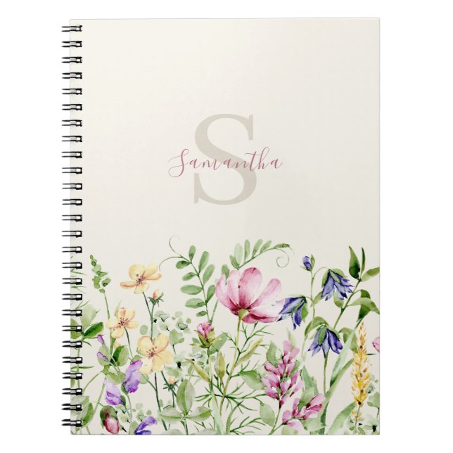 Elegant Pink Wildflower Floral Meadow Monogram  Notebook (Front)