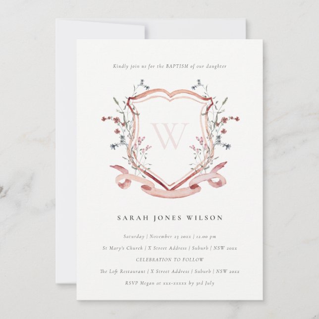 Elegant Pink Wildflower Monogram Crest Baptism Invitation (Front)