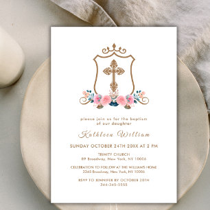 Elegant Pink Wildflower Rose Cross Crest Baptism  Invitation