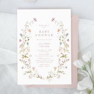 Elegant Pink Wildflower Rustic Boho Baby Shower Invitation
