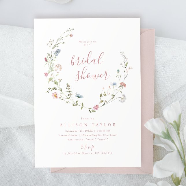Elegant Pink Wildflower Rustic Boho Bridal Shower  Invitation (Elegant Pink Wildflower Rustic Boho Bridal Shower Invitation)
