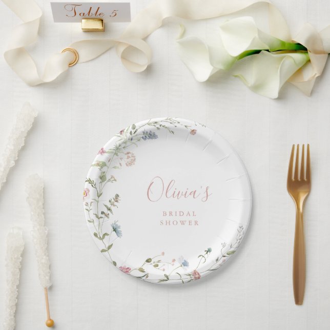 Elegant Pink Wildflower Rustic Boho Bridal Shower  Paper Plate (Wedding)