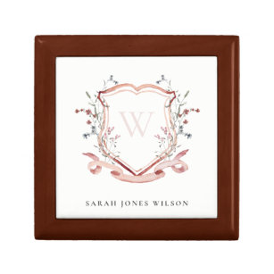 Elegant Pink Wildflower Watercolor Crest Monogram Gift Box