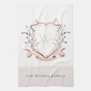 Elegant Pink Wildflower Watercolor Crest Monogram Tea Towel
