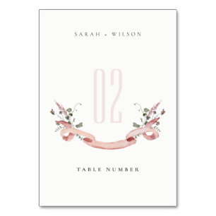 Elegant Pink Wildflower Watercolor Ribbon Wedding Table Number