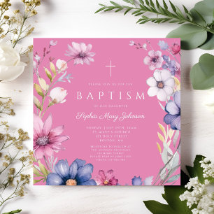 Elegant Pink Wildflower Wreath Girl Baptism Invitation
