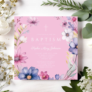 Elegant Pink Wildflower Wreath Girl Baptism Invitation