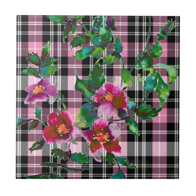 Elegant pink wildflowers pink black plaid tile (Front)
