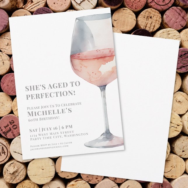 Elegant Pink Wine 60th Birthday Party Invitation (Wine Sixty 60th Birthday Party Invitation)
