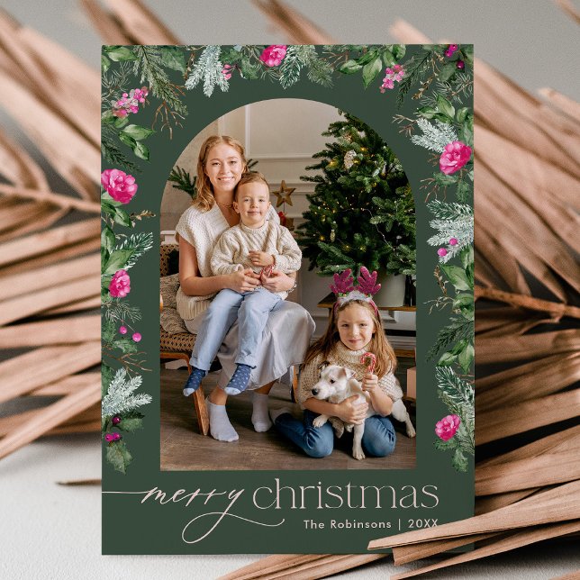 Elegant Pink Winter Greenery Arch Christmas Photo Holiday Card (Creator Uploaded)
