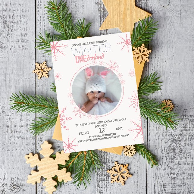 Elegant pink Winter onederland 1st Birthday Photo Invitation (Creator Uploaded)