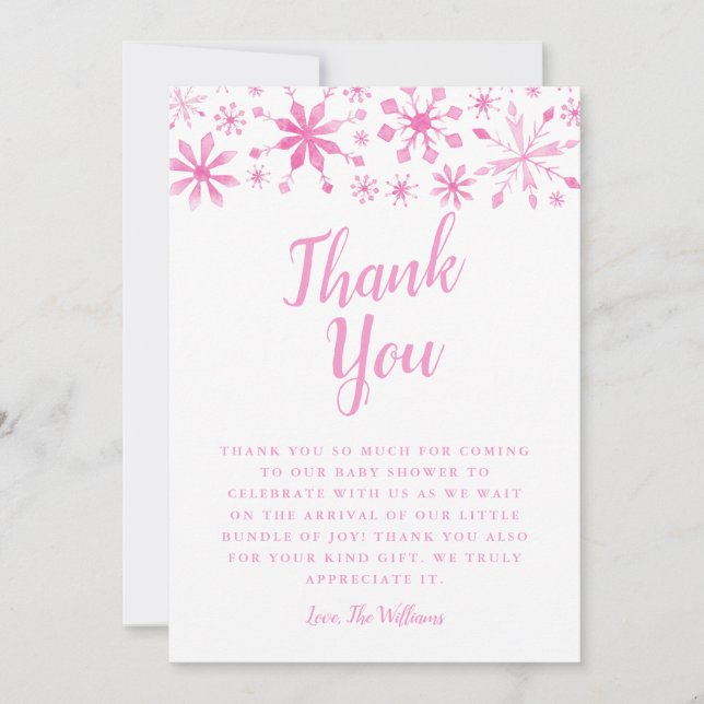 Elegant Pink Winter Wonderland Baby Shower Thank You Card (Front)