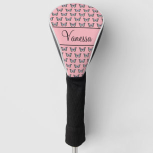 Elegant Pink with Black Script & Butterfly Pattern Golf Head Cover
