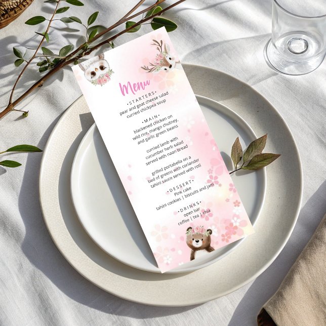 Elegant Pink  Woodland Baby Shower Menu Card (Creator Uploaded)