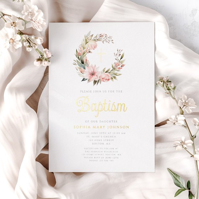 Elegant Pink Wreath Girl Baptism Gold (Elegant Pink Wreath Girl Baptism Gold Foil Invitation)