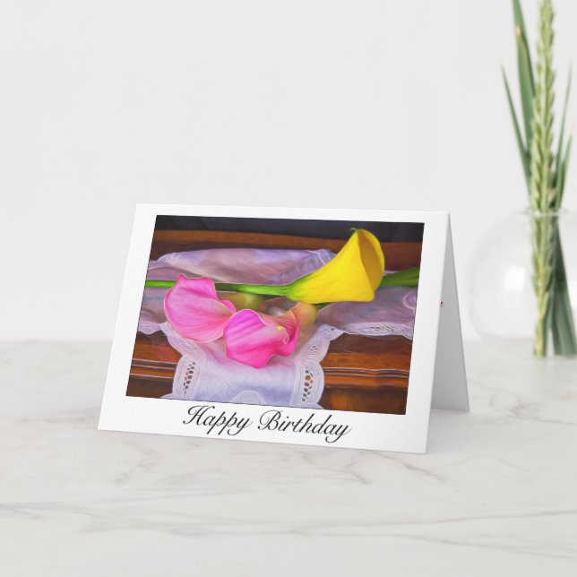 Elegant  Pink Yellow Calla Lilies Birthday Card (Front)