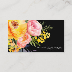 Elegant Pink Yellow Floral Black Business Cards