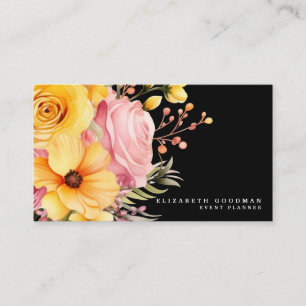Elegant Pink Yellow Floral Black Business Cards