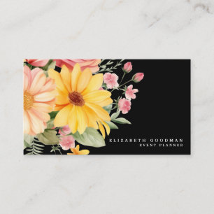 Elegant Pink Yellow Floral Black Business Cards