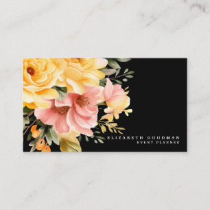 Elegant Pink Yellow Floral Black Business Cards