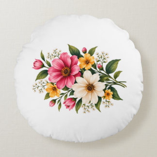 Elegant Pink & Yellow Floral Bouquet Botanical 💐 Round Cushion