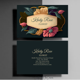 Elegant Pink Yellow Flower Green Gold Business Card