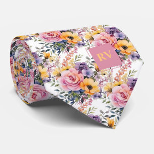 Elegant Pink Yellow Watercolor Flowers Tie