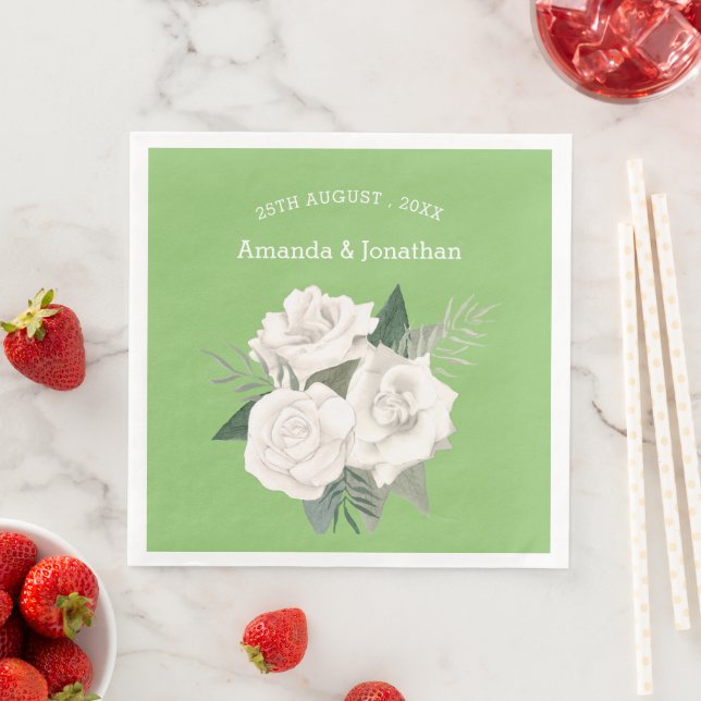Elegant Pistachio Green and White Roses Wedding Napkin (Insitu)