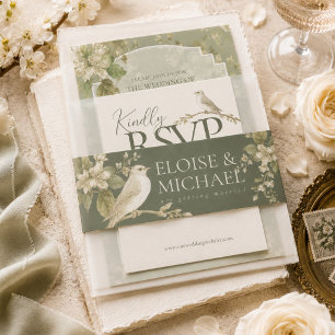 Elegant Pistachio Green Floral Bird Wedding Invitation Belly Band