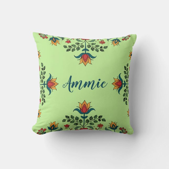 Elegant Pistachio Green Floral Custom Name  Cushion (Front)