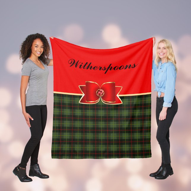 Elegant Plaid and Bow with Name Christmas Fleece Blanket (Creator Uploaded)