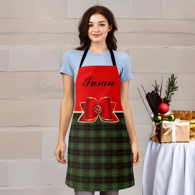 Elegant Plaid and Jewelled Bow with Name Apron (Creator Uploaded)