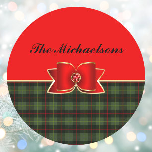 Elegant Plaid and Jewelled Bow with Name Classic Round Sticker