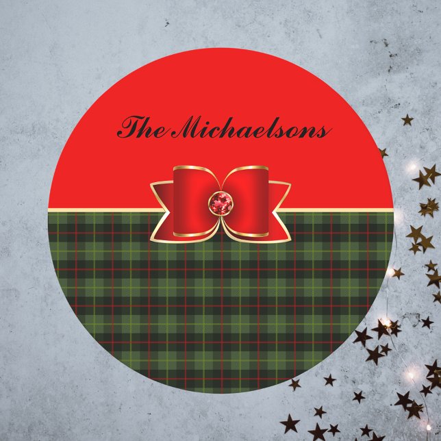 Elegant Plaid and Jewelled Bow with Name Round Paper Coaster (Creator Uploaded)