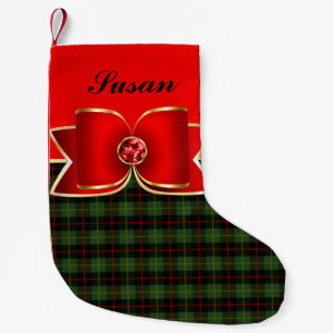 Elegant Plaid and Jewelled Bow with Name Small Christmas Stocking