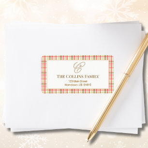 Elegant Plaid Christmas Border Monogram Address Label