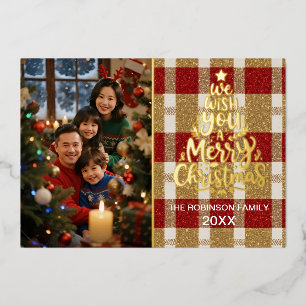 Elegant Plaid Christmas Photo Card with Gold Foil