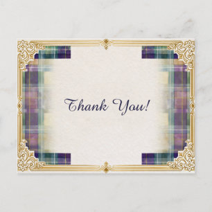 Elegant Plaid Gold Frame Thank You Postcard