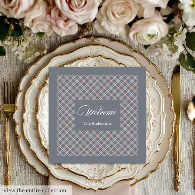 Elegant Plaid Napkins Custom Name Coral Accent (Elegant Plaid Napkins Custom Name Coral Accent)