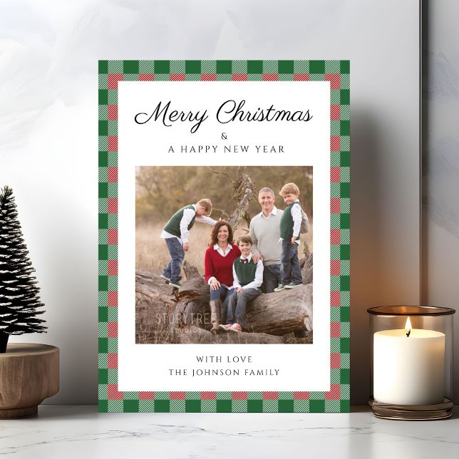 Elegant Plaid Photo Christmas Holiday Card (Elegant Script Red Green Plaid Christmas Photo Holiday Card)