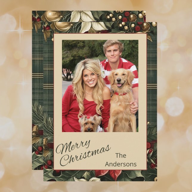 Elegant Plaid & Poinsettia Merry Christmas Photo Holiday Card (Creator Uploaded)