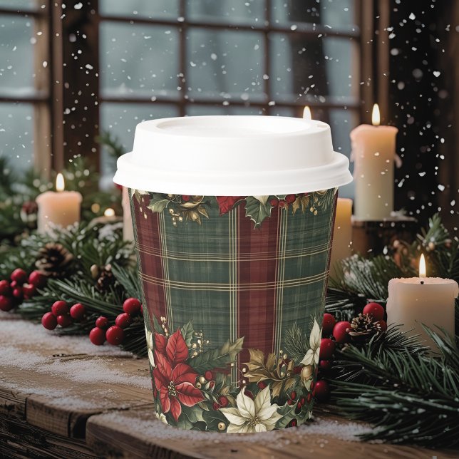 Elegant Plaid & Poinsettias Christmas Holiday Paper Cups (Creator Uploaded)