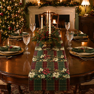 Elegant Plaid Poinsettias Christmas Holiday Short Table Runner