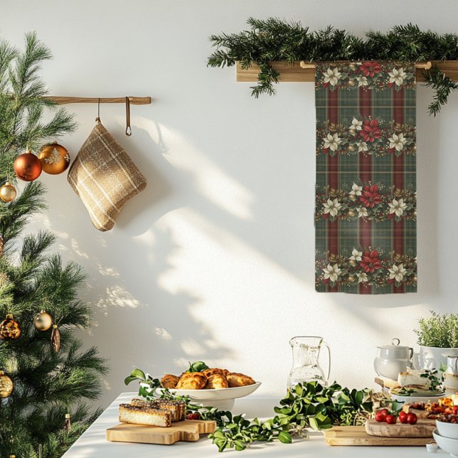 Elegant Plaid & Poinsettias Christmas Holiday Tea Towel (Creator Uploaded)