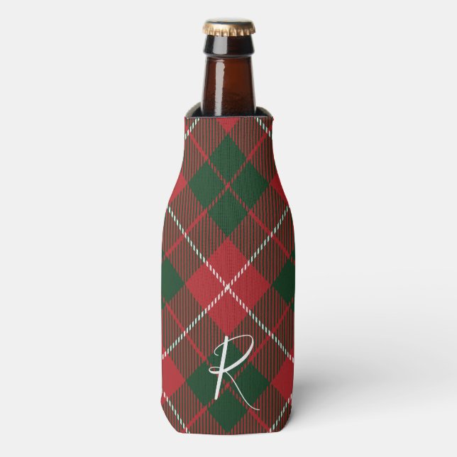 Elegant Plaid Red Green Tartan Monogram Bottle Cooler (Bottle Front)