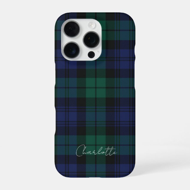 Elegant Plaid Script Green Tartan iPhone Case (Back)