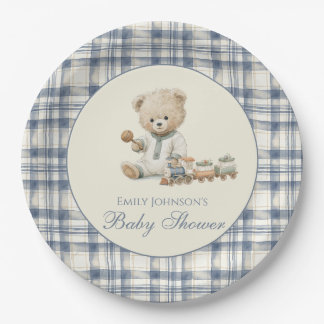 Elegant Plaid Teddy Bear Baby Shower Paper Plate
